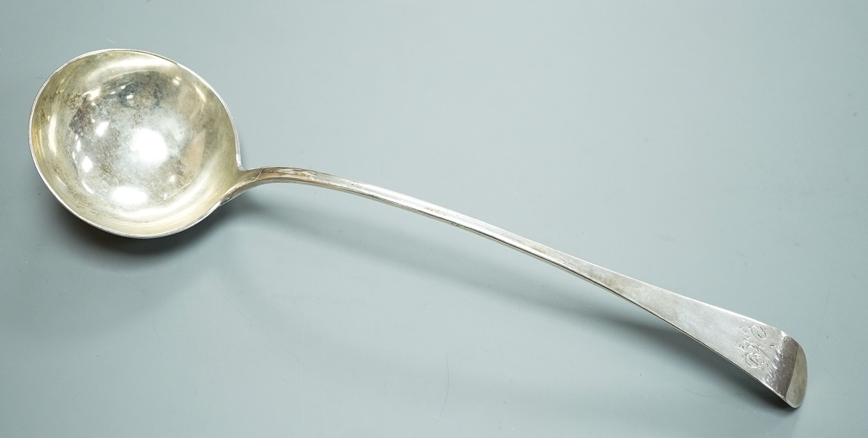 A George III Scottish silver Old English pattern soup ladle, James Gilliland, Edinburgh, 1770, 36.7cm, 206 grams.